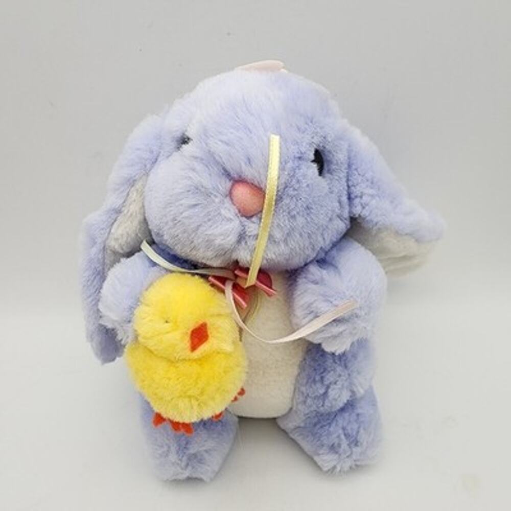 Vintage Dan Dee Bunny Rabbit Holding Baby Chick Plush 8" Blue Fur Pink Nose Toy